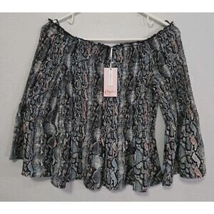 Candie's Snake Print Top Women Off Shoulder Pink Blue Black White Flare Sleeve M